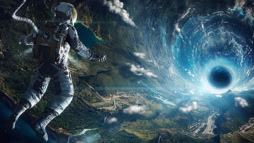Interstellar astronaut floating above Earth with a massive swirling black hole in the sky HD wallpaper