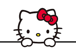 Hello Kitty Peeking Over a Line with Red Bow and Whiskers on White Background HD wallpaper