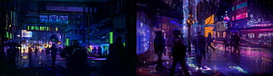 Neon-lit Cyberpunk City Street at Night with Rain Reflections and Futuristic Architecture HD wallpaper
