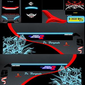 New Jetbus 2 Po Haryanto vehicle livery design featuring Wayang character art and Indonesian flag accents HD phone wallpaper