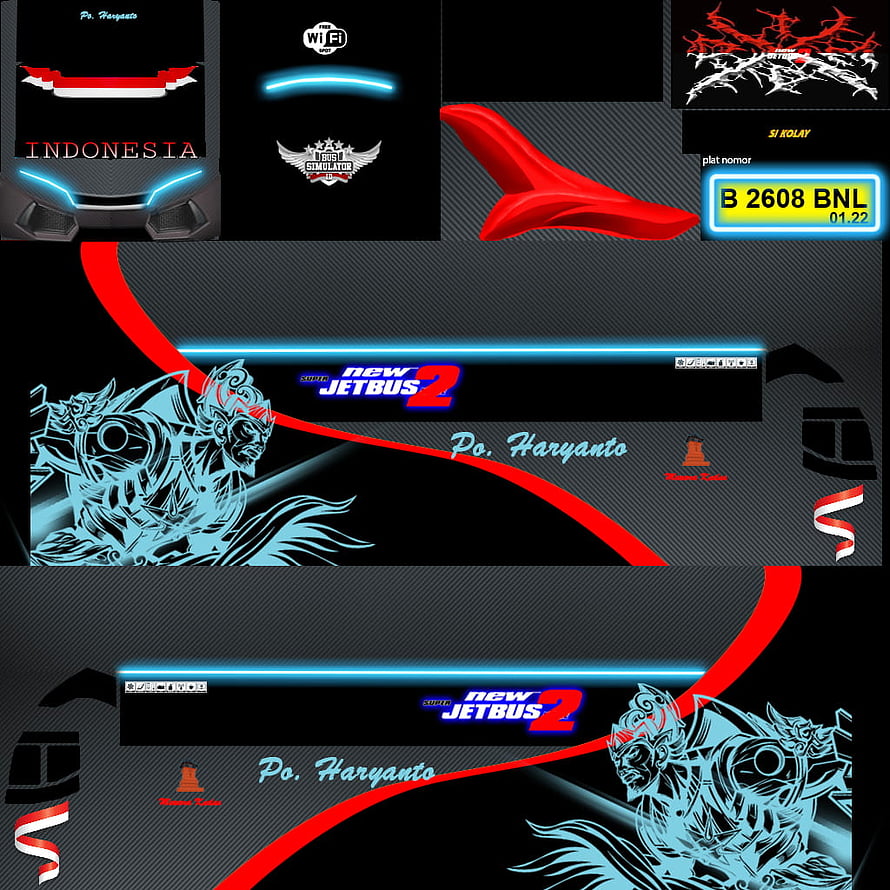 New Jetbus 2 Po Haryanto vehicle livery design featuring Wayang character art and Indonesian flag accents HD phone wallpaper