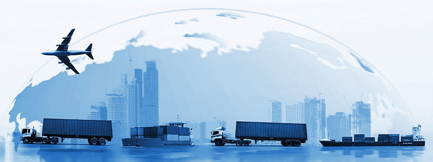 Global Supply Chain Concept Featuring Cargo Ships, Trucks, and Airplane Against a Blue Globe HD wallpaper