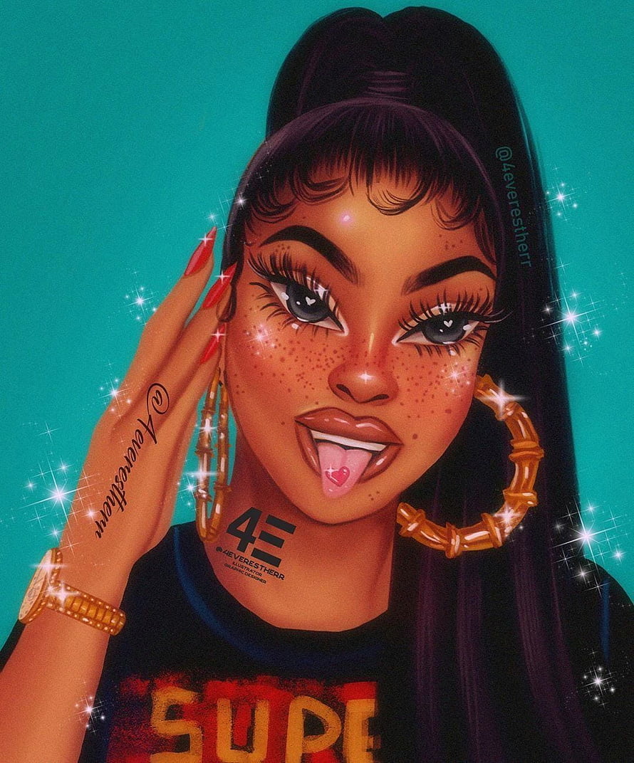 Digital Illustration of a Freckled Woman with High Ponytail and Gold Hoop Earrings, B Black Girl Drawing, cartoon black women HD phone wallpaper