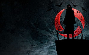 Dark Silhouette of Cloaked Figure with Glowing Red Eyes Against a Blood Moon HD wallpaper