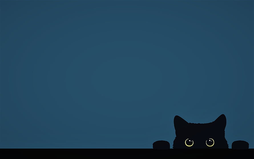 Minimalist Black Cat Peeking Over Edge With Glowing Yellow Eyes on Dark Blue Background HD wallpaper