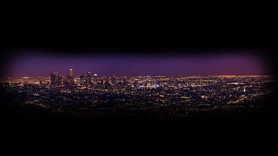 Los Angeles Skyline at Night with Purple Twilight Sky and City Lights HD wallpaper