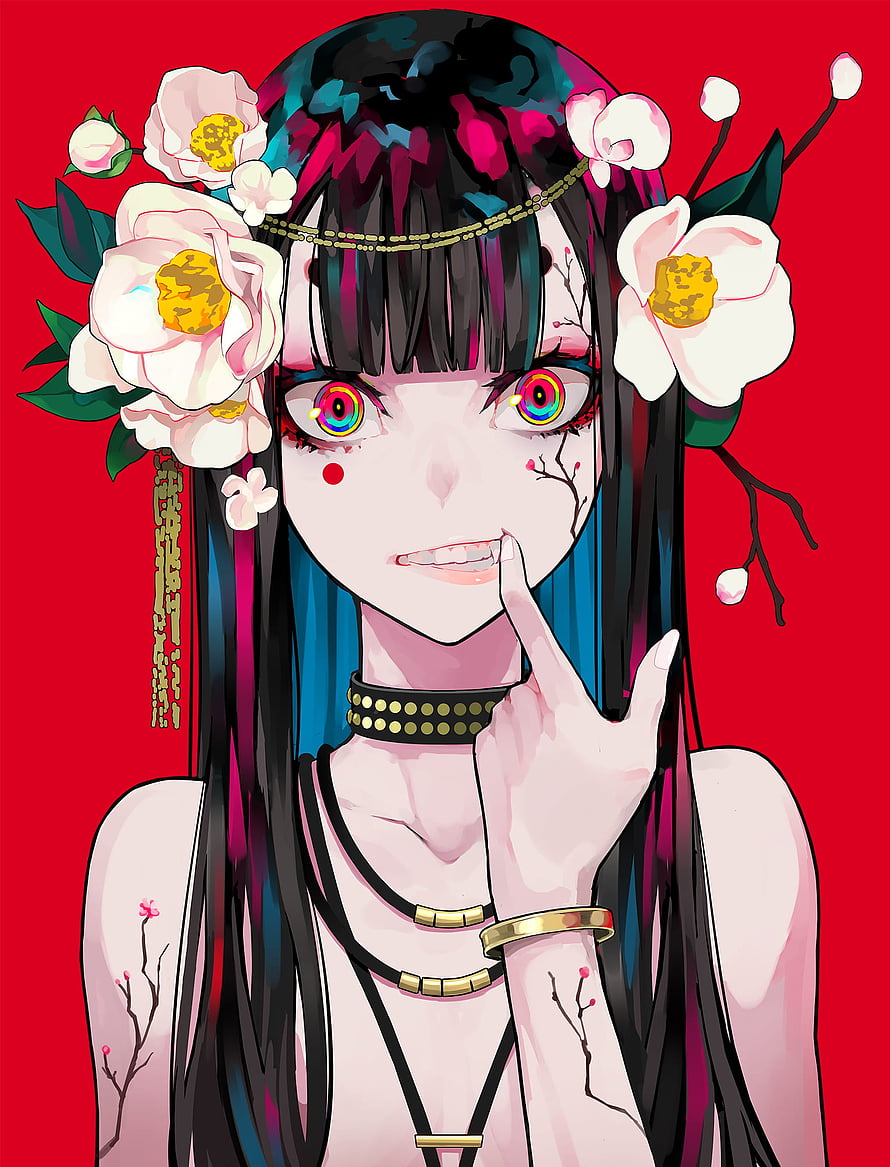 Anime Girl Portrait with White Flowers and Rainbow Eyes on Red Background HD phone wallpaper