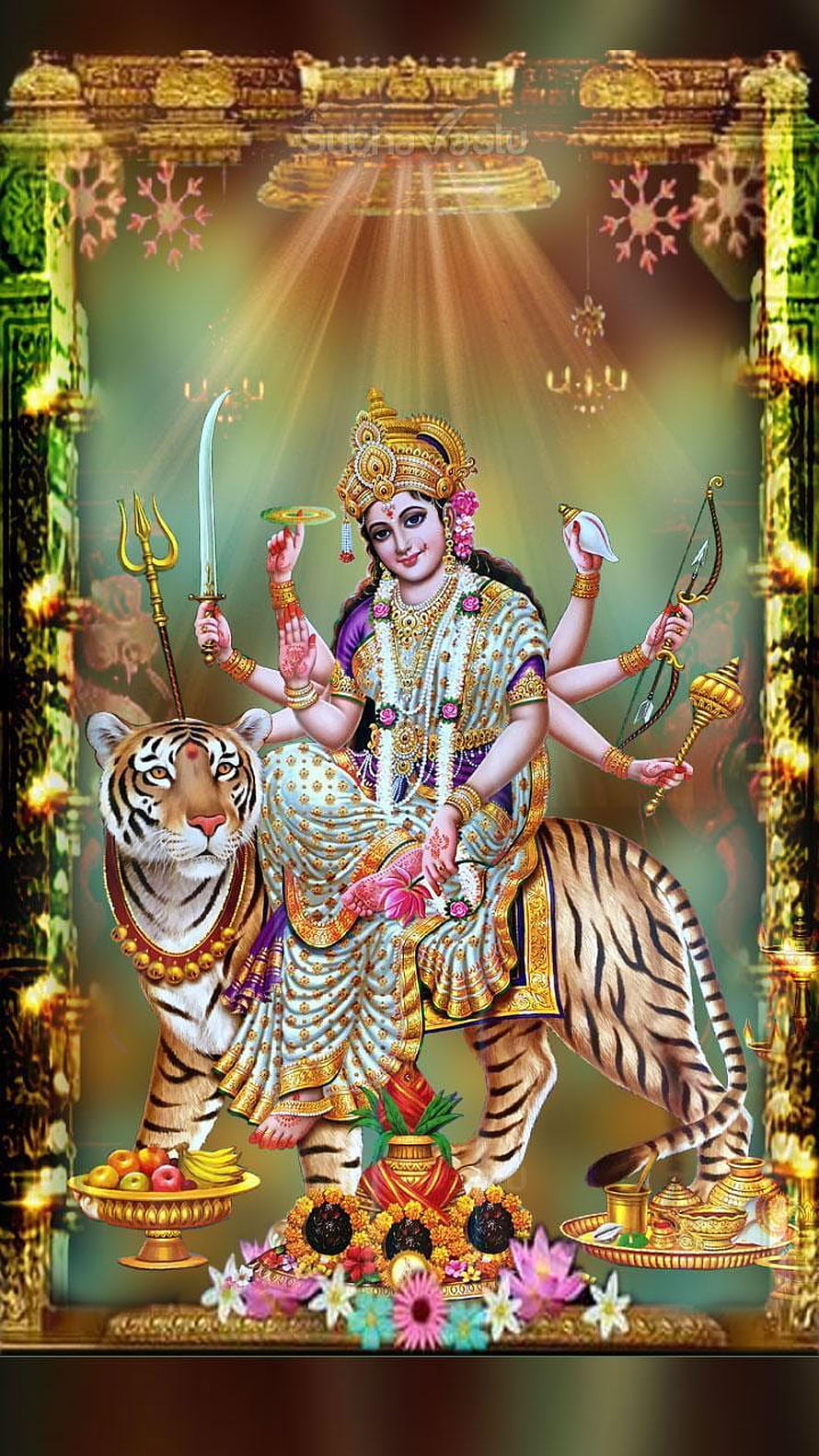 Goddess Durga Riding Tiger with Weapons and Offerings HD phone wallpaper