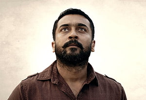 Portrait of a man with a beard looking upwards in a brown shirt, Suriya Soorarai Pottru Movie Stills, surya soorarai pottru HD wallpaper
