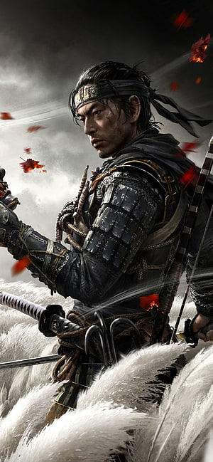 Ghost of Tsushima Samurai Warrior in Traditional Armor Amidst Drifting Red Leaves HD phone wallpaper