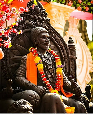 Shivaji Maharaj Statue Adorned With Marigold Garlands and Orange Saffron Cloth HD phone wallpaper