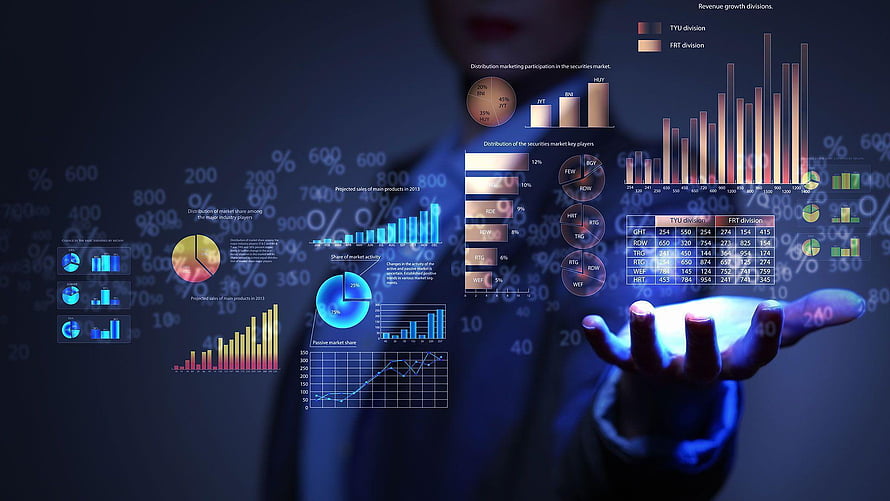 Businessman Interacting With Holographic Financial Data Dashboard, Financial Markets, trading HD wallpaper
