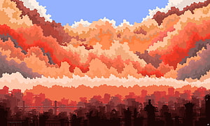 Vibrant Pixel Art Cityscape at Sunset with Dramatic Clouds HD wallpaper
