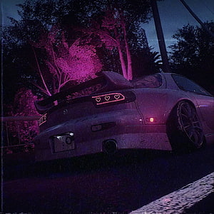 Mazda RX-7 FD3S with Heart LED Taillights in Neon Purple Night Scene HD phone wallpaper