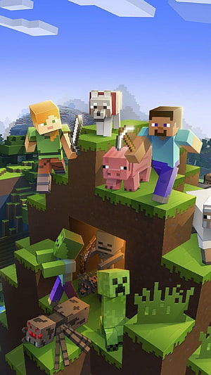 Minecraft Steve and Alex with mobs and animals on blocky terrain HD phone wallpaper