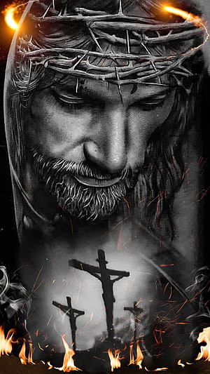 Jesus Christ wearing a crown of thorns with a silhouette of the crucifixion and flames in the background HD phone wallpaper