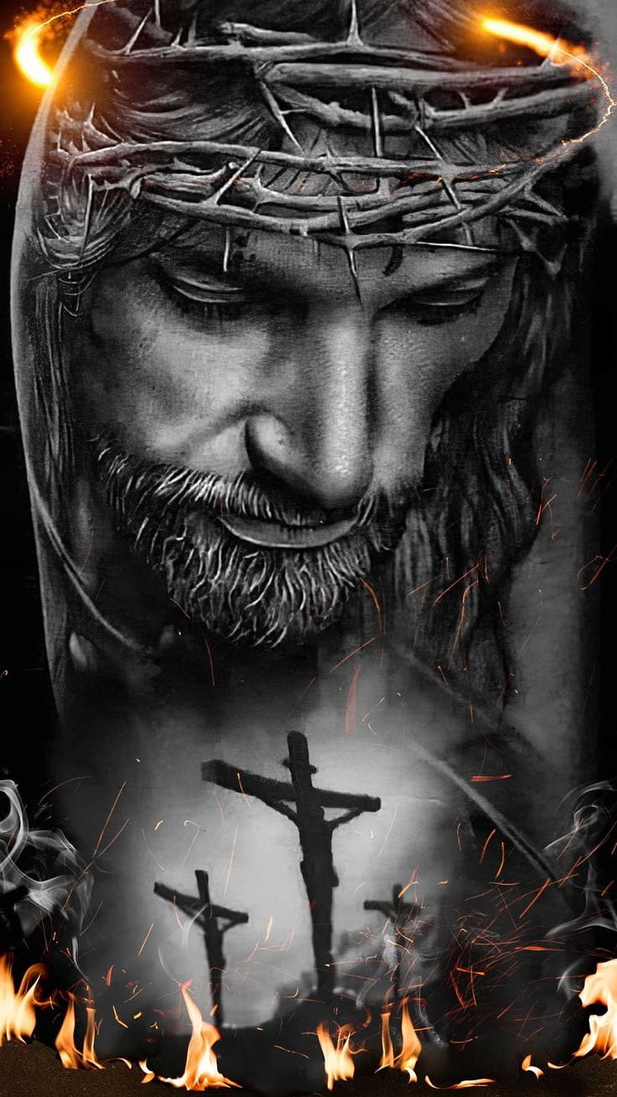 Jesus Christ wearing a crown of thorns with a silhouette of the crucifixion and flames in the background HD phone wallpaper