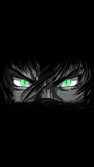 Dark Anime Character with Glowing Green Eyes in Shadow HD phone wallpaper