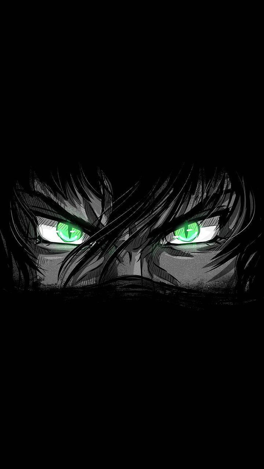Dark Anime Character with Glowing Green Eyes in Shadow HD phone wallpaper