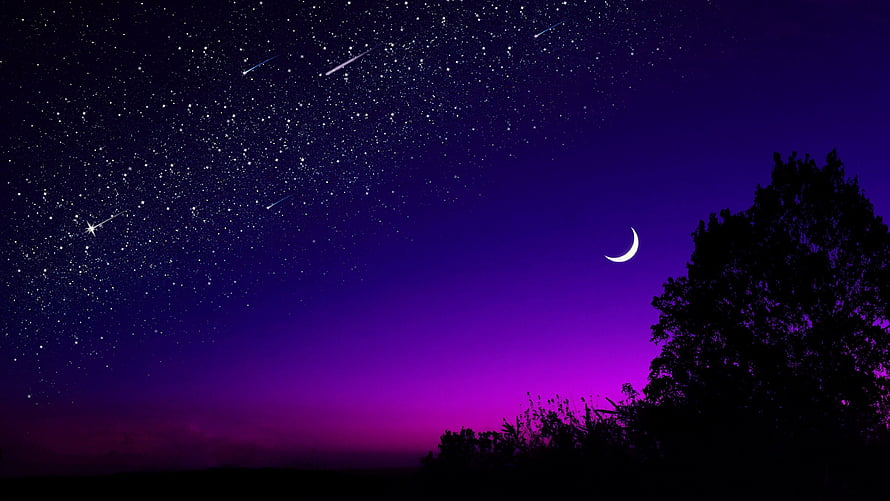 Purple Night Sky with Crescent Moon, Shooting Stars, and Silhouetted Trees HD wallpaper