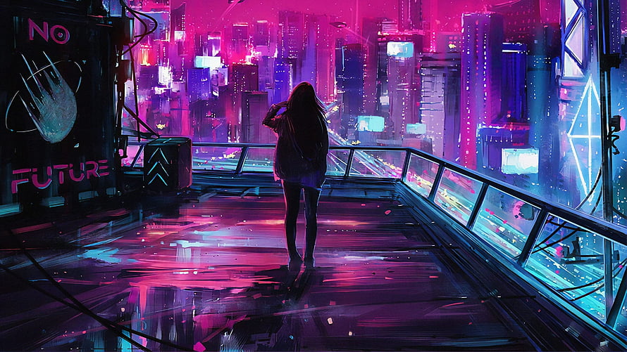 Cyberpunk Girl Looking Out Over Neon City Skyline at Night HD wallpaper