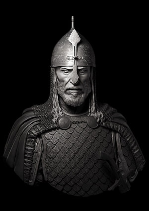 Portrait of a medieval warrior in ornate scale armor and helmet with chainmail HD phone wallpaper