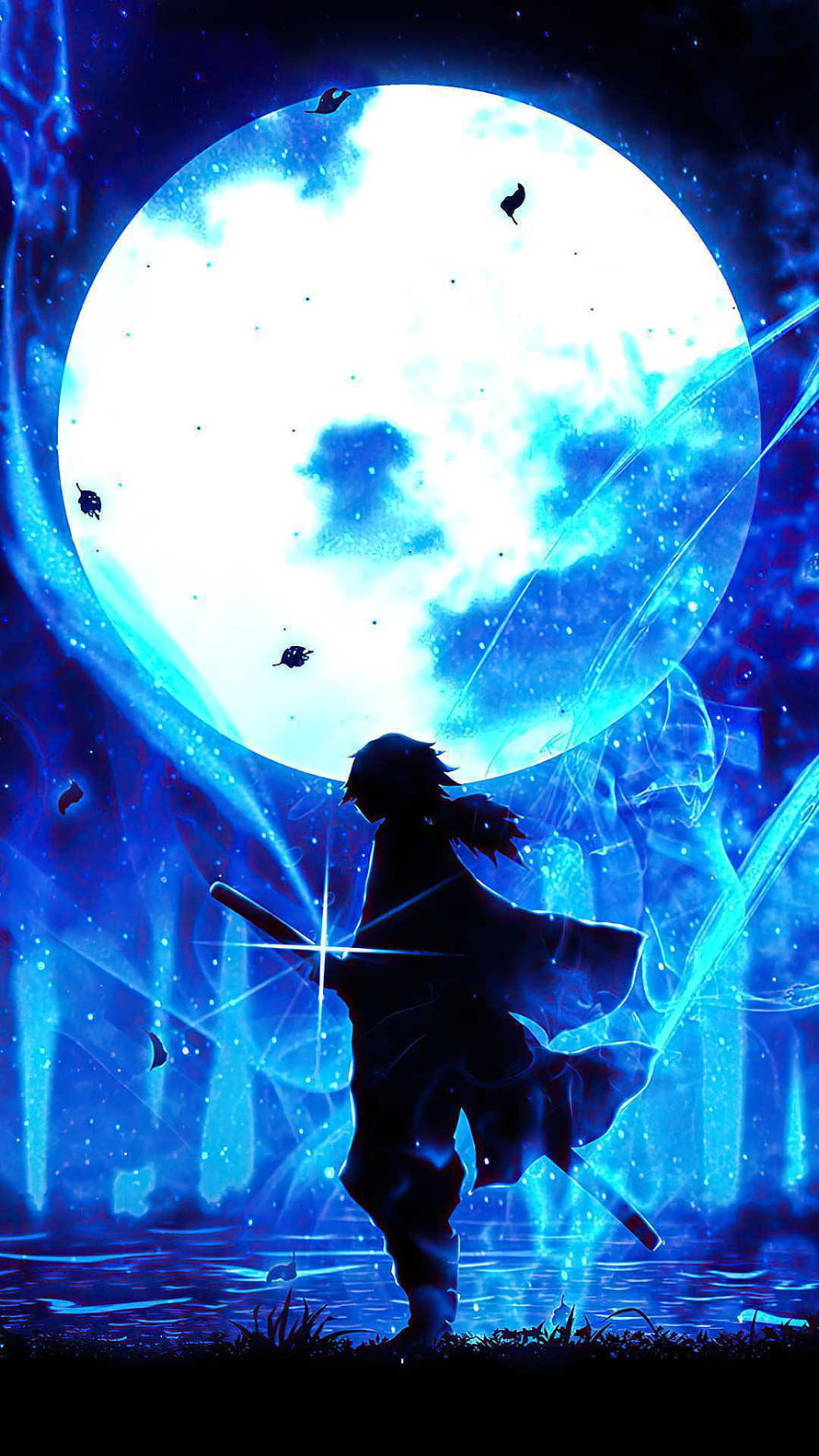 Silhouette of a swordsman standing before a giant glowing blue moon with magical energy and falling petals, Giyu Tomioka HD phone wallpaper