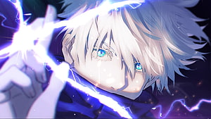 Gojo Satoru from Jujutsu Kaisen with glowing blue lightning and electric energy HD wallpaper