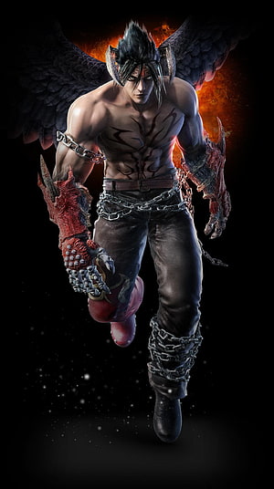 Jin Kazama Devil Mode Character Render from Tekken 7 with Dark Wings and Chains HD phone wallpaper