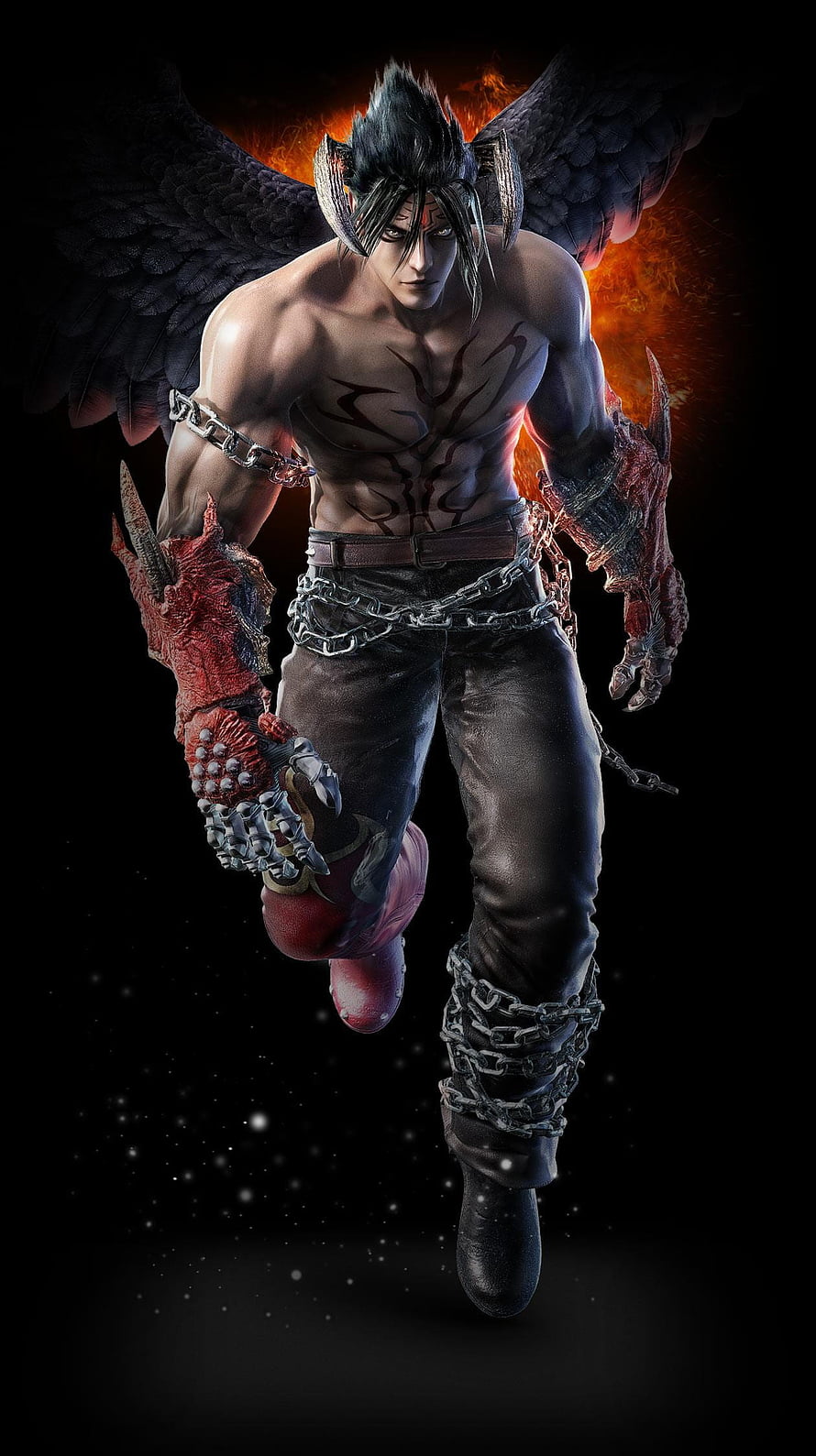 Jin Kazama Devil Mode Character Render from Tekken 7 with Dark Wings and Chains HD phone wallpaper