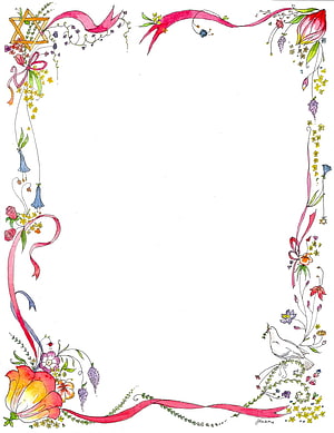 Hand-drawn floral border illustration featuring a Star of David, pink ribbons, and a dove, perfect for Jewish holiday invitations or decorative stationery HD phone wallpaper