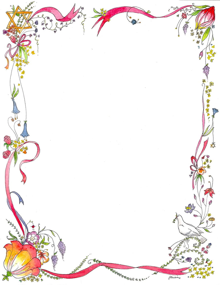 Hand-drawn floral border illustration featuring a Star of David, pink ribbons, and a dove, perfect for Jewish holiday invitations or decorative stationery HD phone wallpaper