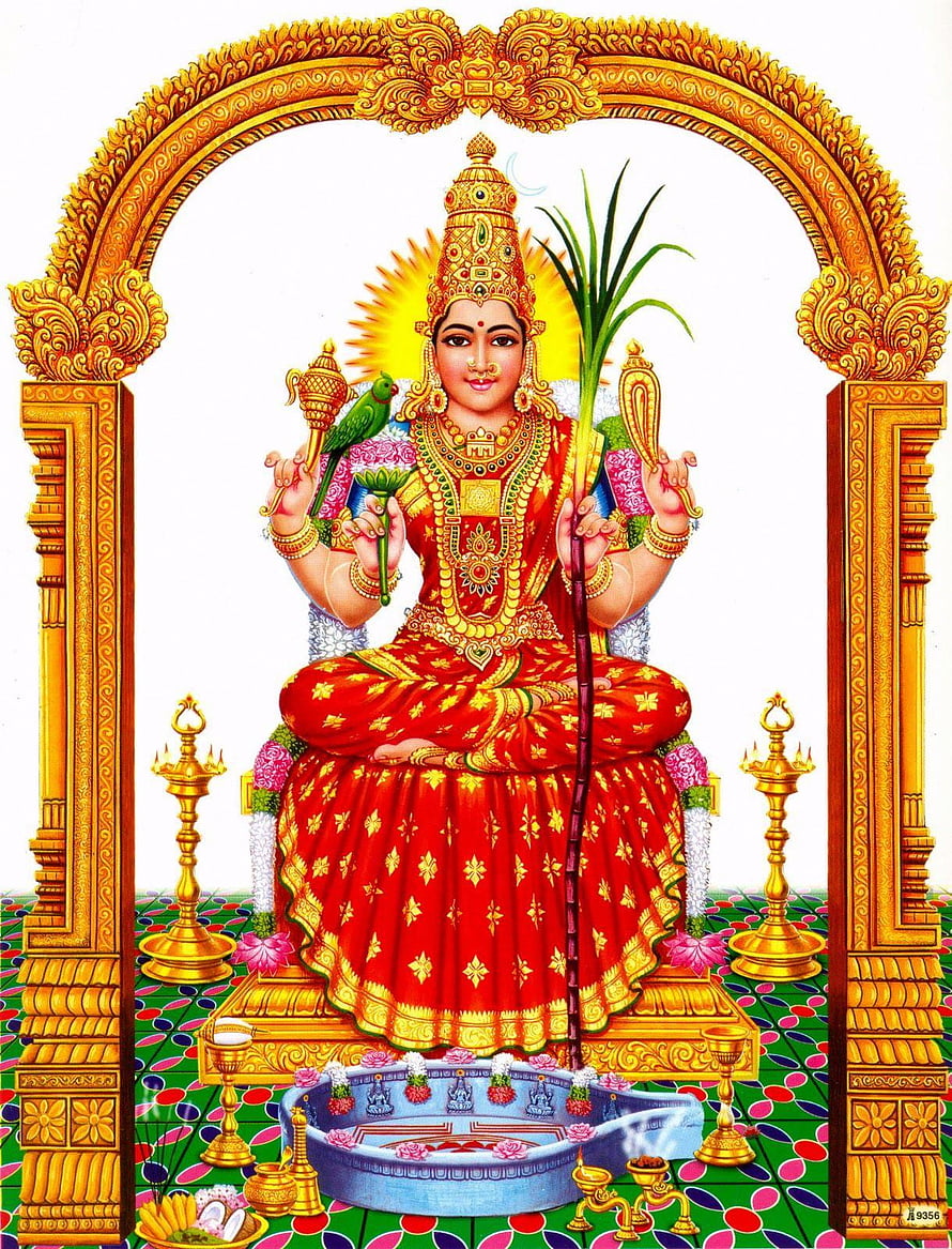 Goddess Lakshmi seated in golden arch holding lotus and sugarcane with parrot HD phone wallpaper