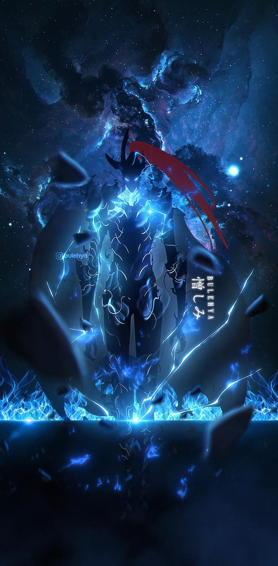 Bulehya anime character with blue lightning aura and red scarf in cosmic space background HD phone wallpaper