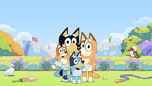 Bluey Family Group Hug in the Garden with Bandit Chilli Bingo and Cockatoo HD wallpaper