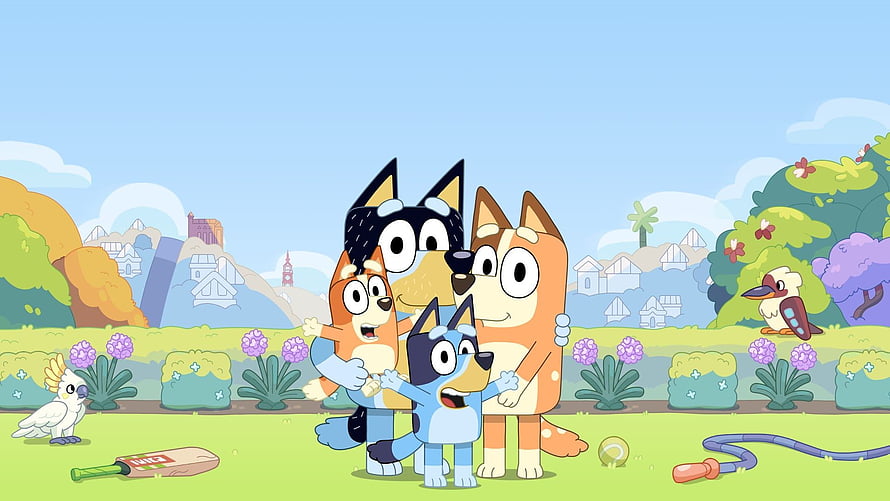 Bluey Family Group Hug in the Garden with Bandit Chilli Bingo and Cockatoo HD wallpaper