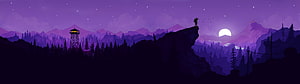 Silhouette of a hiker standing on a cliff edge overlooking a purple mountain range and forest at night with a full moon HD wallpaper