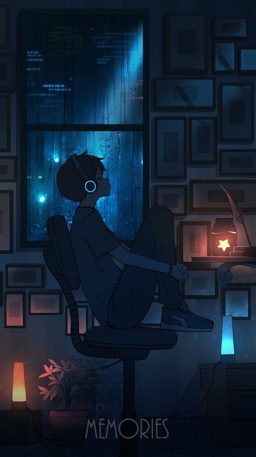 Anime Boy Listening to Music in Dark Room with Rainy Window and Neon Lights HD phone wallpaper