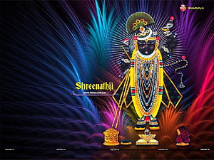 Shreenathji Devotional Wallpaper with Vibrant Neon Light Rays and Traditional Offerings HD wallpaper