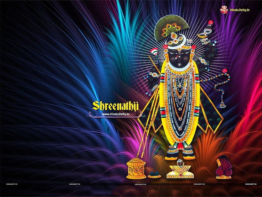 Shreenathji Devotional Wallpaper with Vibrant Neon Light Rays and Traditional Offerings HD wallpaper