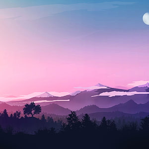 Serene Anime-Style Mountain Landscape at Twilight with Pink Sky and Moon HD phone wallpaper