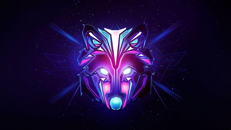 Neon Geometric Wolf Head with Glowing Cyan and Magenta Accents on Dark Starry Background HD wallpaper
