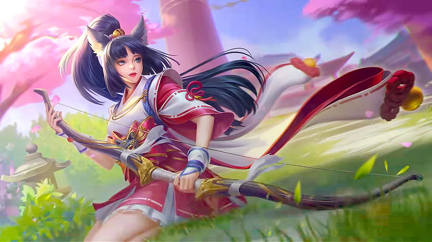 Miya Suzuhime Archer Skin From Mobile Legends In A Cherry Blossom Garden HD wallpaper