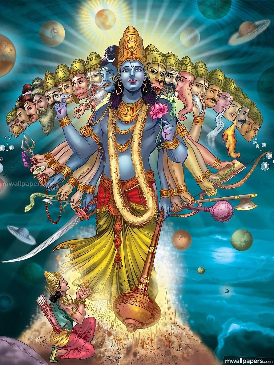 Harihara Hindu Deity with Multiple Heads and Arms Holding Weapons in Cosmic Space HD phone wallpaper