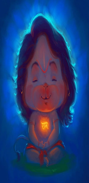 Cute Hanuman Ji Digital Art with Glowing Om Symbol and Blue Aura, Hanuman Ji. Beautiful art by Lovely Kukreja. Jai Shri Ram HD phone wallpaper