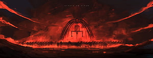 Attack on Titan Rumbling Scene with Colossal Titan Silhouette and Red Sky HD wallpaper