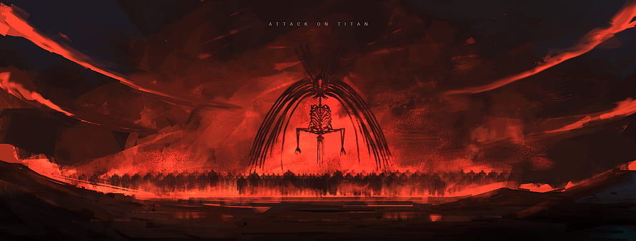 Attack on Titan Rumbling Scene with Colossal Titan Silhouette and Red Sky HD wallpaper