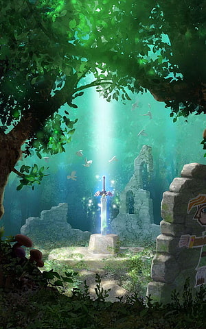 Mystical Master Sword in Ancient Ruins Surrounded by Lush Forest and Glowing Light Beams HD phone wallpaper