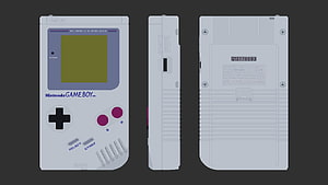White Nintendo Game Boy Technical Illustration Showing Front, Side, and Back Views HD wallpaper