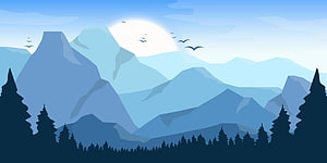 Serene Blue Mountain Range with Pine Forest and Birds in Vector Landscape Illustration HD wallpaper